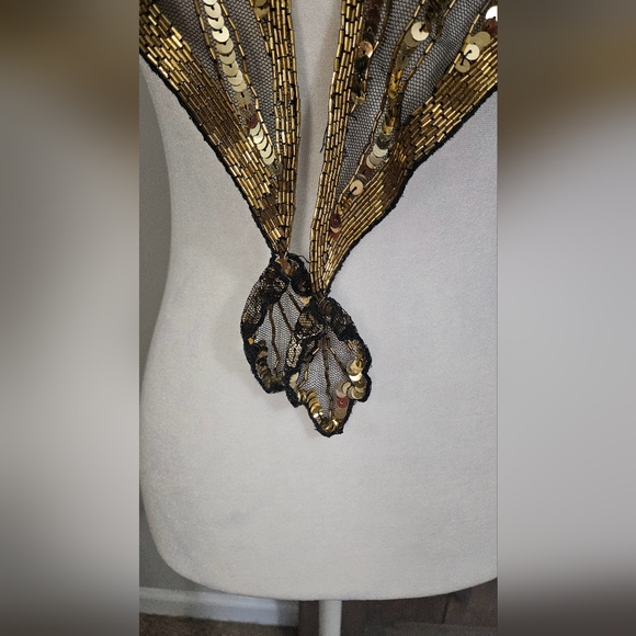 VINTAGE Gold Sequin Beaded  Shoulder Sling Mesh Capelet Tie Front. NWT - Picture 4 of 10